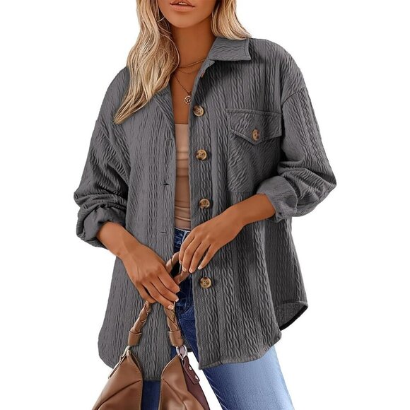 Tops - Women's Cable Knit Shacket Light Weight Button Down Long Sleeve Casual Oversized